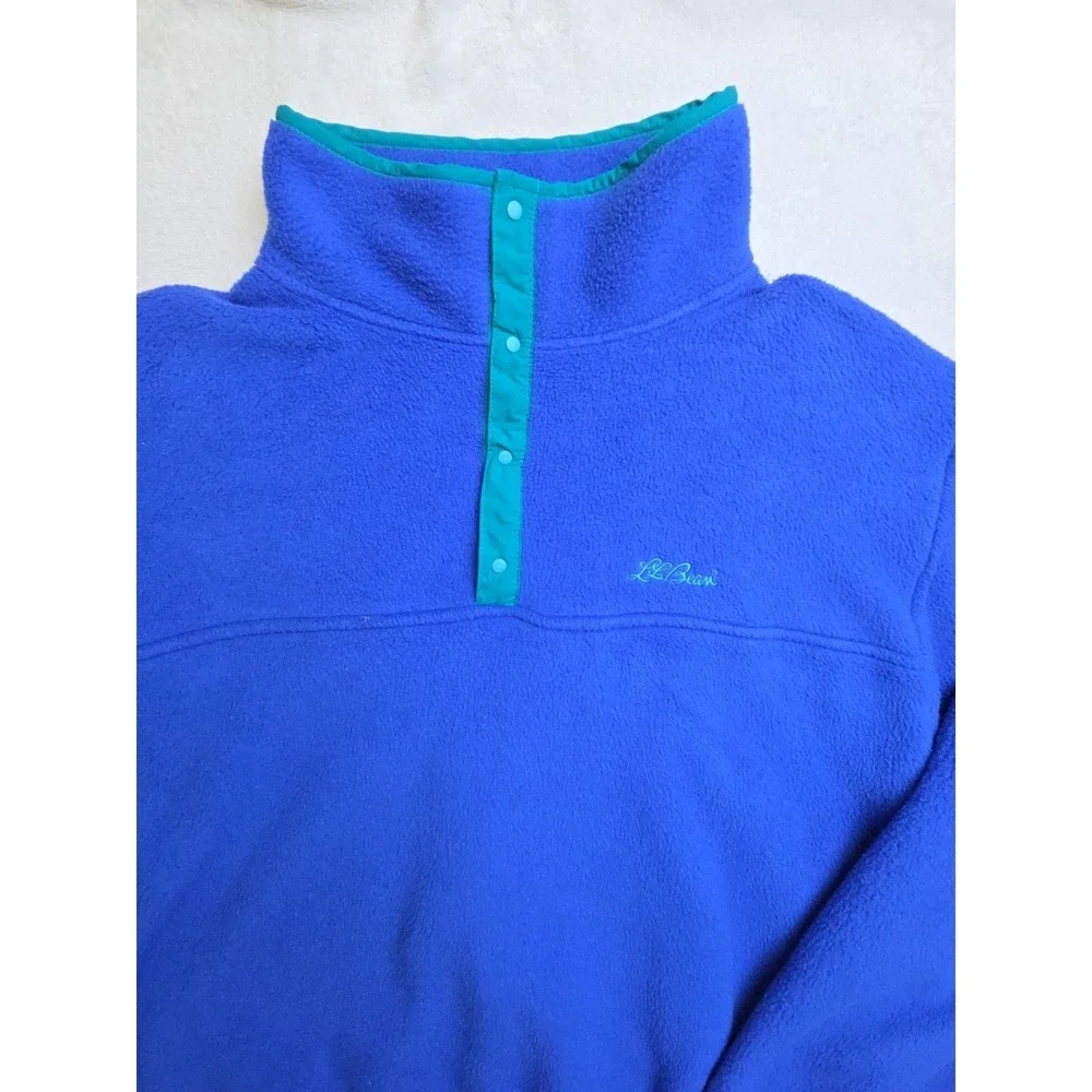 Vintage 90s‎ LL Bean Spell Out Script Snap Button Fleece Sweater Blue USA Mens L